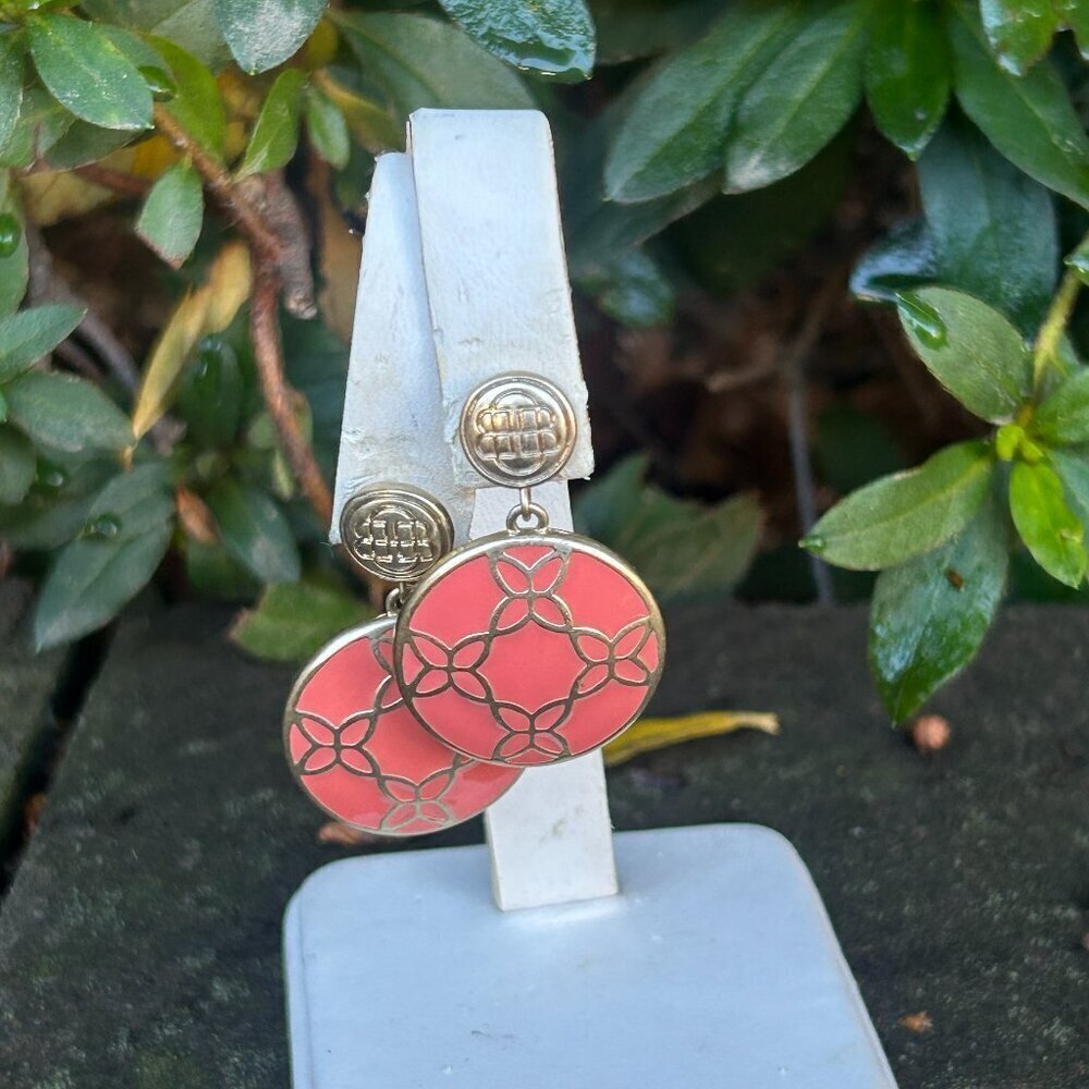 Bill Blass Vintage Coral Enamel and Gold Retired Dangle Earrings